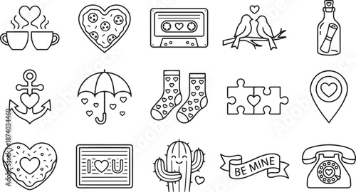 Set of detailed black outline valentine icons for expressing love warmth cozy moments communication and strong bonds