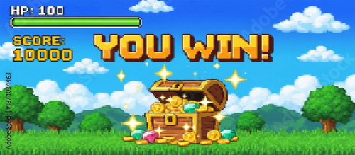Pixel art game scene depicting a 'YOU WIN' screen. An open treasure chest overflows with gold coins and stars on a cheerful green landscape under a blue sky