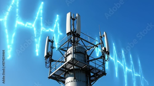 A telecommunication tower with antennas against a clear blue sky, emitting visualized blue energy waves to represent the transmission of wireless signals, 5G data, and global connectivity