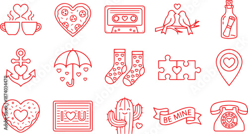 Set of detailed red outline valentine icons for expressing love warmth cozy moments communication and strong bonds