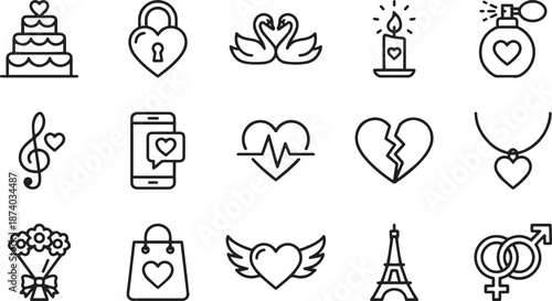 Valentines day abstract modern romance black outline icon set including tiered cake padlock swans candle perfume musical note smartphone heartbeat broken heart necklace bouquet shopping bag winged hea