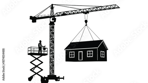 Construction site with tower crane lifting a house and worker on lift