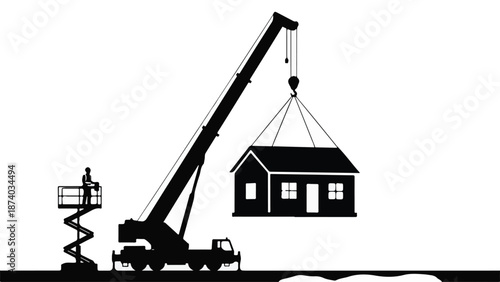 Construction crane lifting a prefabricated house at a building site