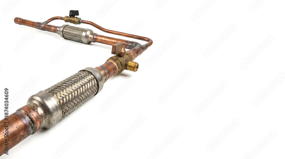 Fototapeta premium Copper pipes with metal fittings and valves