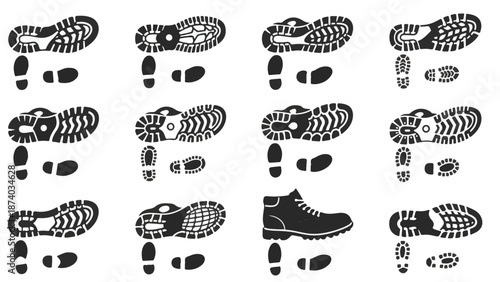 Shoe Sole Prints and Footprint Icons Set on White Background