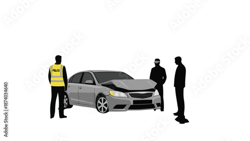 Illustration of a car accident scene with police officer and people