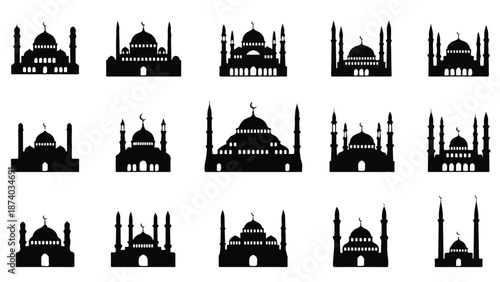 Collection of Islamic mosque silhouettes with domes and minarets