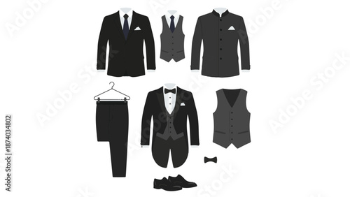 Elegant men's formal wear set: suits, tuxedos, vests, and accessories illustration
