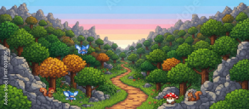 Enchanting pixel art forest scene with a winding path bathed in a warm glow, surrounded by vibrant trees, rocks, mushrooms, and charming characters
