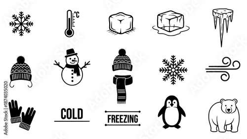 Diverse set of monochrome winter icons snowflakes, ice, snowman, animals, cold weather elements