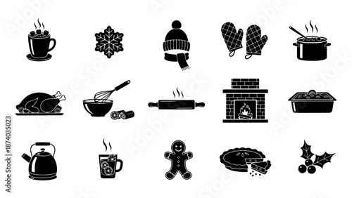 Collection of Festive Winter Season Icons for Baking, Cooking, and Cozy Holiday Celebrations