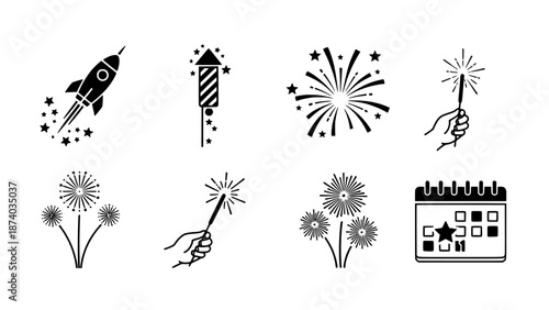 Dynamic Celebration Icons Festive Fireworks, Sparklers, and Event Calendar Elements for Joyful Occasions