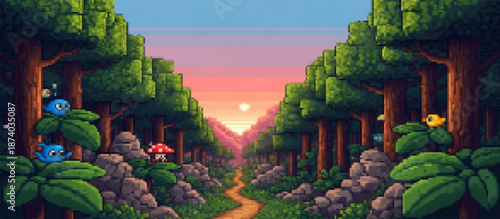 Enchanting pixel art forest scene with a winding path bathed in a warm glow, surrounded by vibrant trees, rocks, mushrooms, and charming characters