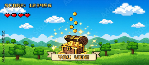 Pixel art game scene depicting a 'YOU WIN' screen. An open treasure chest overflows with gold coins and stars on a cheerful green landscape under a blue sky