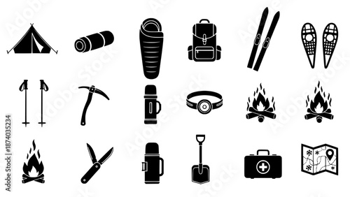 Comprehensive outdoor adventure equipment icons camping, hiking, and wilderness exploration gear