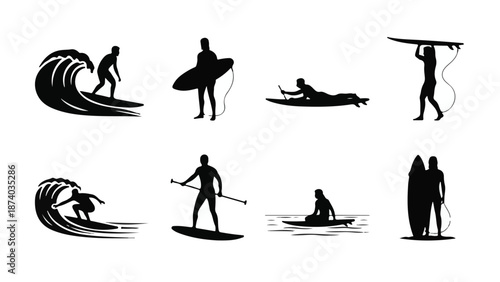 Set of surfing and paddleboarding vector silhouettes with waves and boards
