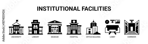 Institutional Facilities web banner icon vector illustration concept for public service buildings with icons of university, library, museum, hospital, office building, lobby, corridor.