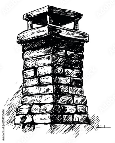 Hand drawn line art illustration of a chimney depicting a traditional brick structure for home and architectural design