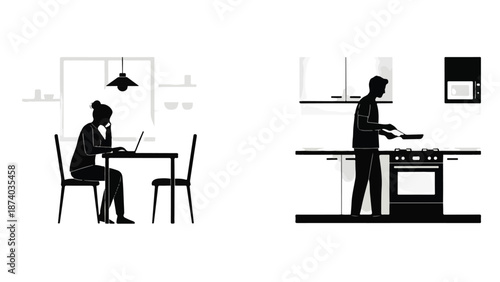 Modern Daily Life: Woman Working Remotely and Man Cooking at Home