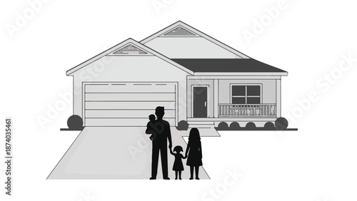 Family with three children in silhouette standing in front of a house