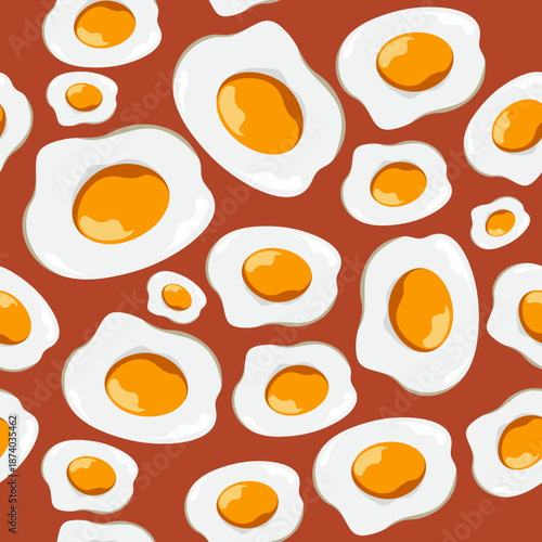 ried eggs seamless pattern on brown background. Cartoon flat food print.