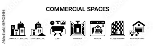 Commercial Spaces web banner icon vector illustration concept with icons of commercial building, office building, lobby, corridor, website, glass building, parking garage.