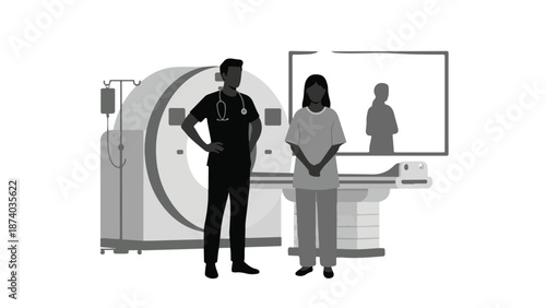 Doctor and patient standing in medical imaging room with MRI scanner