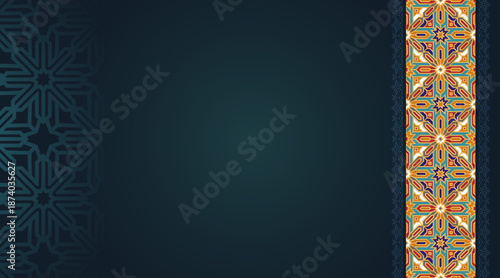 Luxury green border Ramadan Kareem pattern Islamic background with colourful gold border. Eid Mubarak design