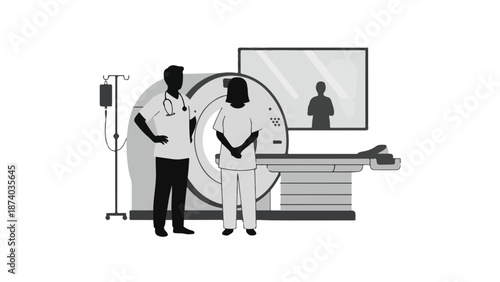 Healthcare professionals with medical imaging equipment in hospital