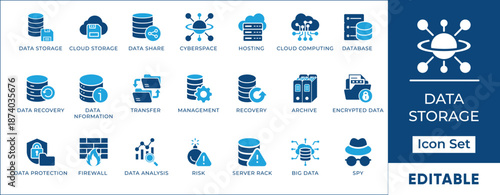 Data storage and cloud computing icon set featuring database management, server infrastructure, data recovery, hosting services, big data analysis, and network security symbols.