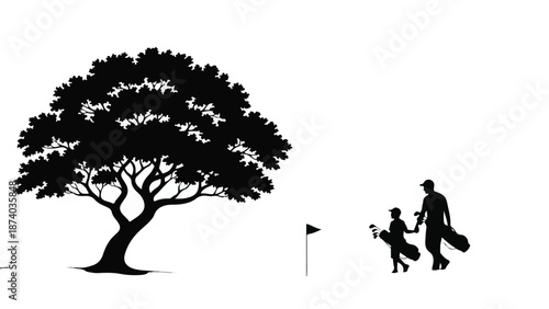 Silhouette illustration of father and son golfers walking on a golf course