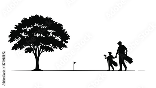 Silhouette vector of father and son golfers on course with tree and flag