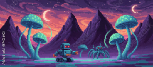A lone robot explores a vibrant pixel art alien world at sunset, featuring fantastical flora, towering mountains, a calm lake, and multiple planets in the sky