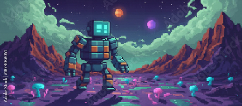 A lone robot explores a vibrant pixel art alien world at sunset, featuring fantastical flora, towering mountains, a calm lake, and multiple planets in the sky