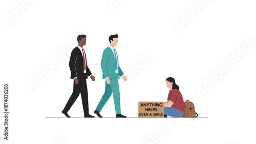 Businessmen walking past a person seeking help, social inequality concept