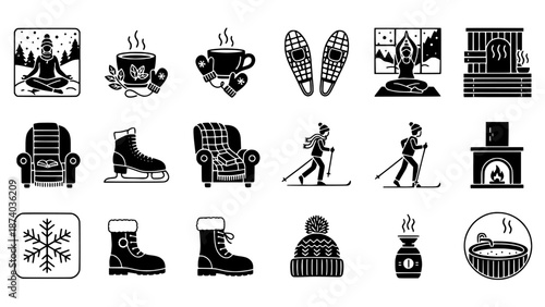 Winter Cozy Icons Snow boots, skates, fireplace, ski, and yoga