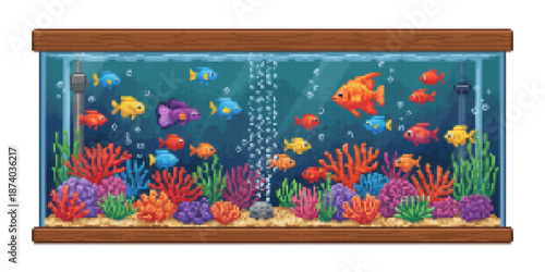 Vibrant pixel art aquarium scene featuring numerous colorful fish swimming among diverse coral reefs, aquatic plants, and rising air bubbles, illuminated from above