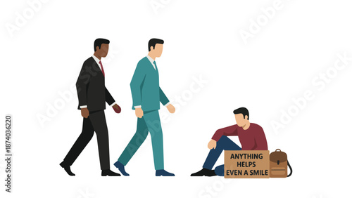 Homeless man with a sign asking for help as businessmen walk by