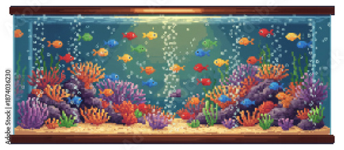Vibrant pixel art aquarium scene featuring numerous colorful fish swimming among diverse coral reefs, aquatic plants, and rising air bubbles, illuminated from above