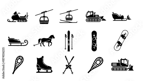 Vector icons depicting various winter sports, transportation, and leisure equipment for cold seasons