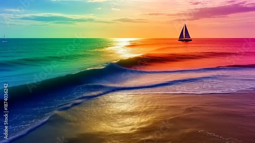 Vibrant Ocean Sunset with Sailboat and Colorful Waves.