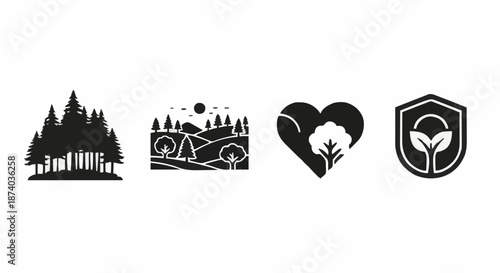 Collection Of Minimalist Black Icons Representing Environmental Conservation Forest Protection Ecology And Sustainable Growth Of Nature