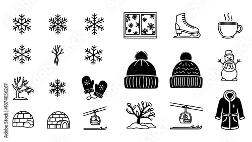 Winter Icons Set Snowflakes, Skates, Hot Drink, Snowman, Igloo, Ski Lift, Winter Coat