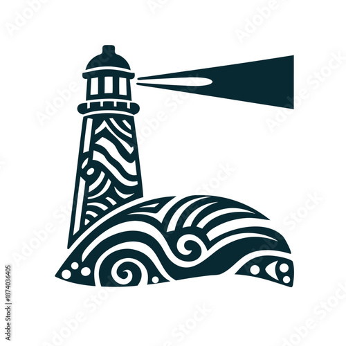 Stylized Lighthouse with Swirling Ocean Waves Vector Illustration