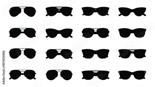Set of various black sunglasses silhouettes on a white background