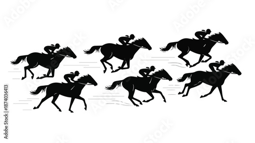 Dynamic silhouette illustration of horses and jockeys racing