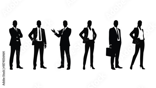 Business professional silhouettes in various poses on white background