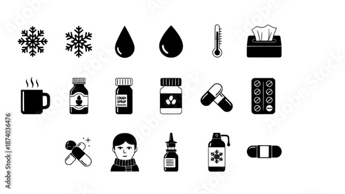 Medical icons for health, illness, and treatment, depicting cold, flu, and remedy supplies