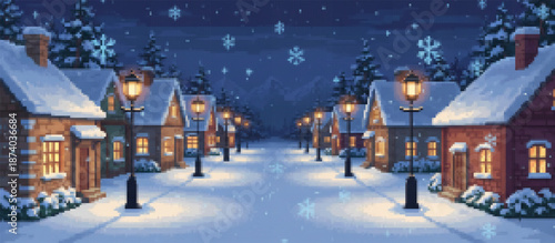 A cozy pixel art winter street scene at night, featuring snow-covered houses with glowing windows and warm streetlights under a sky with falling snowflakes
