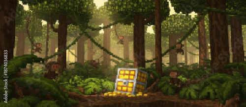 Vibrant pixel art of a lush jungle scene with playful monkeys swinging on vines, a hidden treasure chest on a path, and a serene waterfall flowing in the background